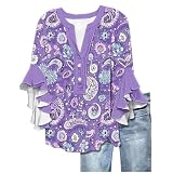 Bluse, Damen Sommer 3/4 Arm Tunika V-Ausschnitt Bluse Damenblusen Elegant Oberteile Bluse Lässige Boho Tshirt Blusen Locker Shirt, Lila, XL