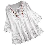 Kanpola Spitzenbluse Damen Long Bluse Stickereiblumen V-Ausschnitt Shirts 3/4 Arm T-Shirt Tee Tops Elegant Sommershirt Sommertop Casual Lose Hemdbluse Oberteile mit Schnü