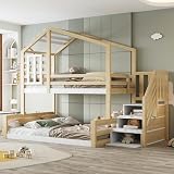 Gegtuon Etagenbett Bett 90x200 & 140x200 cm, Kinderbett Hochbett mit Stauraum Treppe und Dach, Hausbett Holzbett Bettgestell mit Fenster, Bett mit Lattenrost und Rausfallschutz, ohne Matratze, N