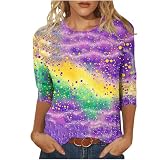 EMATOP Karneval Oberteile Damen Festliche 3/4 Arm Tshirt Elegant Pailletten Bluse Tops Basic Rundhals Tunika Longshirt Bunte Neuheiten Drucke Pullover Bequem Leicht Sportshirt für Party