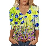 CGGMVCG Oberteil mit 3/4-Ärmeln, für Damen, Herbst, V-Ausschnitt, Blume, 3/4-Ärmel, locker, Herbst-Shirt, grün, M