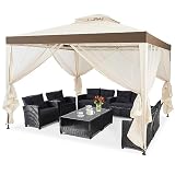 COSTWAY 3x3m Pavillon mit Moskitonetz und Doppeldach, wasserdicht, stabil, Winterfest, Gartenpavillon, Partyzelt für Terrasse, Garten, Hinterhof (Beige)