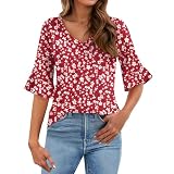 Damen T-Shirts Blumen Druck Oberteile 3/4-Arm Elegante Bluse Slim Fit Tunika Rüschen Ärmel Blusentop Casual Kurzarm Top Mode Sommershirt V-Ausschnitt Bluseshirt blitzangeb