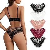 Lishang 5er Pack String Tanga Damen Spitze Unterhosen Niedrige Taille Spitze Strings Tanga Sexy Dessous Thong Frauen Slips Unterwäsche Bikini Panty
