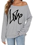 Damen Bluse Bedruckt Trägerlos Sweatshirt Langarm Pullover Off Shoulder Top Oversize Shirt (Grau, S)