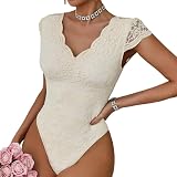 Haibang Body Damen Sexy Spitze V-Ausschnitt Kurzarm Bodysuit Elegant Stickerei Spitzenbody Floral Lace Rückenfrei Oberteil Slim Fit Jumpsuit Overall Sommer Damenbody Spitzenbluse Party Club S