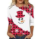 Damen Weihnachtsshirt 3/4 Arm, Rundhals Weihnachtspullover Langarmshirt Sommer| Christmas Tshirt Leichte Weihnachtsbluse mit Rentier Weihnachtsmotiv Locker Oberteil Basic Tops für Frauen R