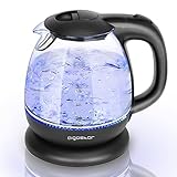 Aigostar Elfin Mini-Wasserkocher aus Borosilikatglas mit LED-Beleuchtung, 2200 W, Kapazität 1 l, BPA-frei, schnelles Kochen, Vakuumschutz, Schw