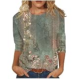 Elegante Damen Bluse, 3/4 Arm Shirt Mit Rundhalsausschnitt, Lose Tops Casual Solid Floral Printed T-Shirts, Trendy Boho Tunika Sommer Tops, Grün, XXL