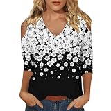 CGGMVCG Damen-T-Shirts, lockere Passform, schulterfrei, 2025, Frühling, Sommer, V-Ausschnitt, lässig, 3/4-Ärmel, Oberteil und Blusen, weiß, S