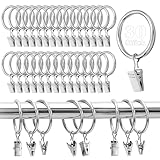 30 Stück Gardinen Ringe,Gardinenringe mit Clips,Metall Vorhangringe,Gardinenhaken für Schienen,32 mm Innendurchmesser (Silber),Kunststoff Gardinenhaken für Fenster Tür Duschvorhäng