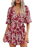 Damen-Jumpsuit mit Blumenmuster, V-Ausschnitt, Trompetenärmeln, Taillenbund und Bindeband, mehrlagig, plissiert – Burgunderrot – 2XL