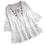 Schwarze Bluse Damen Oversize Hemd Damen Spitze-Spleißen Halben Ärmeln Unregelmäßige Rundhalsausschnitt T-Shirt Longshirt mit Schnürung Tshirts (Weiss, XL)