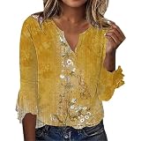 Trendiges Oberteil für Damen, Boho-Stil, 3/4-Rüschenärmel, Vintage-Blumen-Grafik, V-Ausschnitt, lässig, lockere Passform, Z01ab-Gelb, M