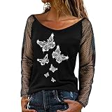 Damen-Oberteil mit Blumenstickerei, Grafik, Sommer, niedlich, Rundhalsausschnitt, Netzstoff, lange Ärmel, Strass, lässig, tailliert, durchsichtig, Spitze, Overlay, Netz-Overlay, Blume, silber, M