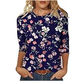 HOOUDO Tages Angebote Sale Damen Frühling/Sommer Rundhals-Blumendruck, lockeres, lässiges T-Shirt mit 3/4-Ärmeln Sommerbluse Damen Kurzarm Bluse 3/4 Arm Damen Sommer Top Spitze Mein Bestellung S