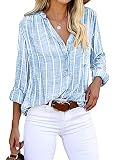 Cindeyar Bluse Damen Langarm Streifen Oberteile Casual Langarmshirt Tops Lose Baumwolle Tunika Hemd (XL, Blau)