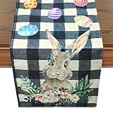 AOLOA Ostern Tischläufer - Vintage Süssen Häschen Tischdecke Osterdeko Eier Tischdecke Schwarz Weiß Gitter Kariert Plaid Check Easter Leinen Frühling Osterdekoration für Zuhause Esszimmer, 35x180