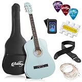 Ashthorpe Akustikgitarre für Anfänger, 96,5 cm, Hellblau, Basis-Starter-Set mit Gigbag, Saiten, Gurt, Stimmgerät, Stimmpfeife, Plek