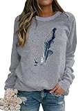 Dresswel Pullover Damen Feder Drucken Sweatshirt Langarmshirt Rundhals Langarm Shirts Herbst Winter Pulli Tops Oberteile Bluse(Grau,M)