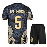 KISRAS R. Madrid Jude Bellingham #5 Retro Black Dragon Limitierte Sonderedition Seltenes Fußball Kinder Trikot Shorts Set Jugendgrößen (Schwarz,176)