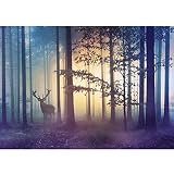 Runa Art Fototapete Wald Hirsch Nebel 352 x 250 cm Vlies Tapeten XXL Moderne Wandtapete Wohnzimmer Schlafzimmer Gelb Blau 9338011