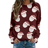 Weihnachtspullover Damen Rundhals, Weihnachts Sweatshirt Damen Ohne Kapuze- Weihnachtsshirt Damen Langarm mit Weihnachtsmann Aufdruck Mode Lässige Loose Herbst Winter Pullover Weihnachtsb