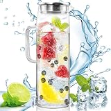 LOVICVKEM Glas-Karaffe, 1.5L Wasserkaraffe Glas,Glaskaraffe mit Deckel Edelstahl und Ausgießer, Saft Getränkekaraffe für hausgemachte Getränke, Eistee, Milch, W