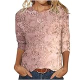 Tunika Damen Glitzer Oberteile T-Shirt 3/4 Arm Lässig Bluse Tops Elegant Pailletten Tee Tops Basic Rundhals Langarmshirt Baumwolle Longshirt Vintage Sportshirt blitzangebote des Tag