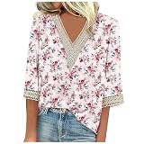 Bedruckte T-Shirts Damen 3/4-Ärmeln mit Bedruckte V-Ausschnitt Longshirt Sommer Sexy Oberteile Lässige Stretch Damenblusen Große Größen T Shirt Casual Elegant Sportshirt Leichte Top