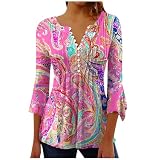 Sommer-Tops für Damen, 3/4-Ärmel, elegant, Vintage, Blumendruck, Tunika, Hemd, V-Ausschnitt, Knöpfe, Henley-T-Shirt, Swing-Blusen, Longine-Hemden, lässig, Baggy-Pullover, A11-Hot Pink, M