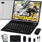 Tablet 10 Zoll Android 14 Ultraschnelles PC mit Widevine L1, 5G WiFi 6, Octa-Core, 20GB RAM + 128GB ROM (TF 1TB), FHD IPS, Doppelkamera, Bluetooth 5.0,2025 Neueste Tablet mit Tastatur und Maus, Silb
