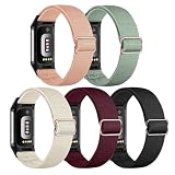 Gugobit 5 Stück Elastisches Armband Kompatibel mit Fitbit Charge 6/Fitbit Charge 5 Armband, Verstellbares Nylon atmungsaktives Ersatzarmband für Fitbit Charge 6/Fitbit Charge 5 Damen H