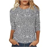 Glitzer Oberteil Damen mit Pailletten - Glitzer Oberteil Festliches 3/4 Arm Langarm T-Shirt für Party Club Abend Leichtes Basic Shirt mit Rundhals Top C