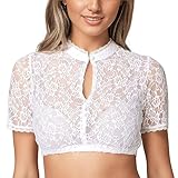 Dirndlbluse Weiß, Dirndl Bluse Damen Spitze Hochgeschlossen Trachtenbluse Modern Halbarm Spitzenbluse Stehkragen Dirndlblusen Dirndl Blusen Oktoberfest Bluse Bierbekleidung für B