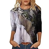 Damen T-Shirt 3/4 Arm Blusen Shirt mit Allover-Minimal Print Lose Stretch Casual Oberteil Basic Tops T