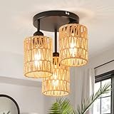 ANWIO Rattan Deckenlampe Hängend, 3-flammige Boho Deckenleuchte mit Rattan Lampenschirm, Vintage Deckenlampe Bambus, Rustikal Hängelampe Wohnzimmer, Schwarz Korb Lampe für Schlafzimmer, Küche, F