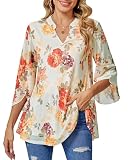 BAISHENGGT Damen Tuniken Bluse 3/4 Ärmel Elegant V-Ausschnitt Casual Flowy Doppellagig Mesh Oberteil Aprikose Blumen M