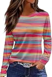 Langarmshirt Damen Rundhals Streifen Sport Langarm geometrischem Druck Tunika Shirt Elegant Casual Oberteile Vintage Langarmshirt Mode Landhausmode Atmungsaktiv F
