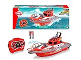 Dickie Toys 201107000 Feuerwehrboot, ferngesteuertes Boot mit Funksteuerung, Feuerwehr, Wasserspritzfunktion, 3 Kanäle, 27 MHz, USB-Aufladung, Geschwindigkeit max 3 km/h, für Kinder ab 6 J