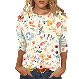 Blusenshirt Damen 3/4 Arm DreivierteläRmel Shirt Damen Rundhals 3/4 Ärmel Bluse Tunika Casual Bedruckte Oberteile Tshirt Tops für Sommer und Frühling XL