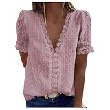 Briskorry Damen Bluse Ärmellos/Kurzarm Shirts Elegant Spitzen Tunika Oberteile Tiefer V-Ausschnitt Hemd Einfarbige Casual Top Lässige Luftig Blusentop