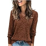 Chdirnely Pullover in Übergröße für Damen, UK-Größe, langärmelig, lässig, V-Ausschnitt, Sweatshirts, lockere Pullover, Hemden, leichte Strickpullover, Alltagskleidung, braun, L