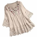 Keepink Damen-Tops in Übergröße, Baumwoll-Leinen-Blusen, grafische Blumenstickerei, Shirts, Spitzen-T-Shirt, V-Ausschnitt, 3/4-Ärmel, Shirt, übergroße Babydoll-Tunika, Bluse mit Leggings,