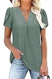 Siddhe Elegante Bluse Damen Festlich Kurzarm Shirt V Ausschnitt Oberteil Sommer T-Shirt Elegant Party Feierliche Kleidung Longbluse Lässig Locker Grün T