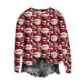 Damen Weihnachten Sweatshirt Plus Size Pullover Tops Bluse Vintage Weihnachtsmann Druck Bluse Shirts Rundhalsausschnitt Cartoon Muster Casual Tees Shirts Festliche Party Pullover, 04 rot, XXL