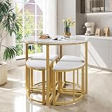 Merax Essgruppe mit runden Esstisch und 4 Hockers, modernes Marmor-Muster Tischplatte, kuschelige Samt Stühle, platzsparendes Design für Esszimmer, Küche, Wohnzimmer, Weiß