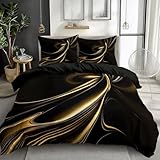 Bettwäsche Set 135 x 200 cm Elegant psychedelisch Linien schwarzes Gold Bettbezug 3 teilig Weich Mikrofaser Bettwaren, Bettwäsche-Set für Kinder Teenager ReißVerschluss Mit 2 Kissenbezug 80x80