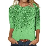 Ybing Blitzangebote des Tages 3/4 Ärmel Pullover Damen Glitzer Druck Langarmshirt Casual Rundhals Bluse Leichte Langarm Tshirt Locker Pulli Dünne Longsleeve Oberteile Teenager M