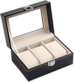 Uhrenbox mit 3 Fächern, Aufbewahrungsbox für Uhren, Armbänder, Aufbewahrung für Uhren aus Polyurethan mit Glasdeckel, Innenfutter aus S
